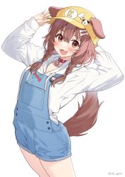 Rule 34 | 14 (vision5032), 1girl, :3, :d, animal collar, animal ears, arched back, blue overalls, blush, bone hair ornament, braid, brown eyes, brown hair, collar, cowboy shot, dog ears, dog girl, dog tail, ears through headwear, fangs, hair between eyes, hair ornament, hairclip, highres, hololive, hood, hoodie, inugami korone, long hair, long sleeves, looking at viewer, low twin braids, low twintails, open mouth, overall shorts, overalls, red collar, shorts, smile, solo, tail, twin braids, twintails, virtual youtuber, white hoodie
