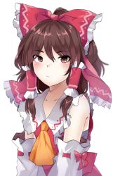 Rule 34 | 1girl, ascot, bad id, bad pixiv id, bare shoulders, blush, bow, brown eyes, brown hair, collarbone, commentary, detached sleeves, diokira, frilled bow, frilled shirt collar, frills, hair between eyes, hair bow, hair tubes, hakurei reimu, highres, long sleeves, looking at viewer, red bow, red skirt, ribbon-trimmed sleeves, ribbon trim, sarashi, short hair, sidelocks, simple background, skirt, skirt set, solo, touhou, upper body, white background, wide sleeves, yellow ascot