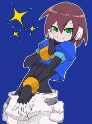Rule 34 | 1girl, absurdres, aile (mega man zx), black bodysuit, blue background, blush, bodysuit, brown hair, buzzlyears, cropped jacket, green eyes, highres, mega man (series), mega man zx, robot ears, short hair, shorts, simple background, solo, white shorts