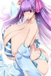 Rule 34 | 1girl, ass, bare shoulders, bikini, blue bikini, blush, breasts, claws, cleavage, collarbone, fate/extra, fate/extra ccc, fate/grand order, fate (series), flower, gigantic breasts, hair flower, hair ornament, hair ribbon, highres, long hair, looking at viewer, passionlip (fate), pink eyes, pink ribbon, purple hair, ribbon, skindentation, solo, striped bikini, striped clothes, swimsuit, tsukasawa takamatsu, very long hair