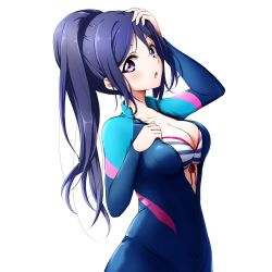 Rule 34 | 1girl, arm up, bikini, blue bodysuit, blue hair, bodysuit, breasts, cleavage, collarbone, diving suit, eyebrows hidden by hair, front-tie bikini top, front-tie top, hair between eyes, hand up, highres, kuena, long hair, long sleeves, looking at viewer, love live!, love live! sunshine!!, matsuura kanan, medium breasts, open bodysuit, open clothes, parted bangs, ponytail, purple eyes, simple background, solo, striped bikini, striped clothes, swimsuit, v-shaped eyebrows, very long hair, wetsuit, white background