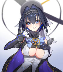 Rule 34 | 1girl, :d, bad id, bad pixiv id, bare shoulders, black cape, black gloves, black hair, blue bow, blue eyes, bow, bow earrings, breasts, brooch, cape, chain, cleavage, cleavage cutout, clothing cutout, detached sleeves, earrings, gem, gloves, grin, hair intakes, hand on own chest, heart, hellk111, highres, hololive, hololive english, jewelry, large breasts, long sleeves, looking at viewer, open mouth, ouro kronii, ouro kronii (1st costume), short hair, smile, solo, teeth, upper body, virtual youtuber, zipper
