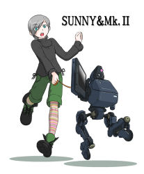 Rule 34 | 1girl, black shirt, blue eyes, boots, cross-laced footwear, lace-up boots, leash, metal gear (series), metal gear mk. ii, metal gear solid, metal gear solid 4: guns of the patriots, multicolored clothes, multicolored legwear, patterned legwear, robot, shirt, short hair, shorts, silver hair, socks, striped clothes, striped legwear, striped socks, sunny gurlukovich, sweater, yoshihiko hiroyuki
