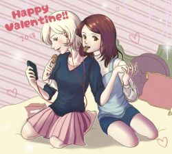 Rule 34 | 2018, 2girls, bag, barefoot, bed, blonde hair, blue shirt, blue shorts, brown hair, cellphone, commentary, cookie, diagonal stripes, earphones, english text, food, fuugetsu hui guo rou, green eyes, holding hands, happy valentine, heart, holding, holding food, holding phone, hunter x hunter, interlocked fingers, kachou hui guo rou, kneeling, locked arms, looking at viewer, medium hair, mouth hold, multiple girls, natsuya (natsu 1fd), on bed, paper bag, phone, pillow, pink shirt, pink skirt, pleated skirt, shared earphones, shirt, short hair, shorts, siblings, sisters, skirt, smartphone, smile, striped, striped background, teeth, upper teeth only, valentine, white shirt, yellow eyes