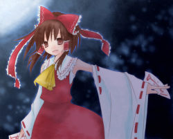 Rule 34 | 1girl, ascot, bow, brown eyes, brown hair, detached sleeves, female focus, hair bow, hair tubes, hakurei reimu, looking at viewer, night, ofuda, open mouth, outdoors, outstretched arm, red bow, red ribbon, red skirt, ribbon, ribbon-trimmed sleeves, ribbon trim, sidelocks, skirt, skirt set, solo, touhou, vest