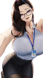 Rule 34 | 1girl, :d, black hair, black skirt, blue eyes, blueorca, breasts, brown hair, cleavage, collarbone, glasses, highres, huge breasts, id card, lanyard, long hair, mature female, miniskirt, mole, mole under eye, mole under mouth, office lady, open mouth, original, pantyhose, pencil skirt, simple background, skirt, smile, solo, white background
