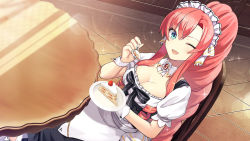 Rule 34 | 1girl, ;d, apron, artwhirl mahou gakuen no otome-tachi, black bow, black skirt, blue eyes, bow, breasts, cleavage, collarbone, detached collar, emerane, game cg, high ponytail, holding, holding plate, holding spoon, indoors, large breasts, long hair, looking at viewer, maid, maid headdress, one eye closed, open mouth, pink hair, plate, shirt, short sleeves, sitting, skirt, smile, solo, sparkle, spoon, very long hair, victoria (artwhirl), white apron, white shirt, wing collar, wrist cuffs