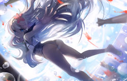 Rule 34 | 10s, 1girl, air bubble, ass, bare legs, barefoot, blue eyes, bubble, dutch angle, floating hair, flower, fuyouchu, hair flower, hair ornament, kantai collection, legs, long hair, open hand, outstretched arm, outstretched hand, ro-500 (kancolle), school swimsuit, school uniform, soles, solo, swimsuit, swimsuit under clothes, thighs, torpedo, underwater, very long hair, white hair