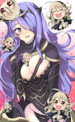 Rule 34 | 2girls, ^ ^, bad id, bad pixiv id, blonde hair, blush, breasts, camilla (fire emblem), cleavage, closed eyes, corrin (female) (fire emblem), corrin (fire emblem), echizen (hvcv), fire emblem, fire emblem fates, gradient background, groin, hair over one eye, heart, highres, large breasts, long hair, mini person, minigirl, multiple girls, nintendo, open mouth, purple eyes, purple hair, skindentation, smile, strap