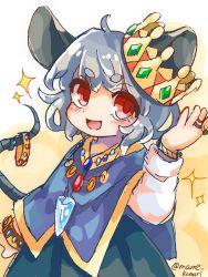 Rule 34 | 1girl, ahoge, animal ears, blouse, blue capelet, blush, bracelet, capelet, commentary request, cowboy shot, crown, crystal, gem, green gemstone, grey hair, grey skirt, jewelry, long sleeves, looking at viewer, mame komari, mouse ears, mouse girl, mouse tail, nazrin, one-hour drawing challenge, open mouth, orange gemstone, pendant, red eyes, red gemstone, shirt, short hair, skirt, smile, solo, tail, thick eyebrows, touhou, white shirt