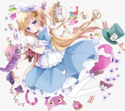 Rule 34 | 1girl, alice (alice in wonderland), alice in wonderland, apron, blonde hair, blue dress, blue eyes, blush, bow, brown footwear, card, cat, caterpillar (alice in wonderland), cheshire cat (alice in wonderland), club (shape), commentary request, diamond (shape), dress, drink me, eat me, frilled apron, frills, full body, green hat, grey background, hair ribbon, hat, head tilt, heart, highres, long hair, looking at viewer, looking to the side, maid apron, mushroom, pantyhose, playing card, pleated dress, pocket watch, puffy short sleeves, puffy sleeves, ribbon, shoes, short sleeves, spade (shape), top hat, tsukiyo (skymint), very long hair, watch, white apron, white bow, white pantyhose, white rabbit (alice in wonderland), white ribbon