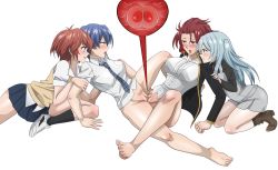 Rule 34 | 4girls, absurdres, akuma no riddle, arm support, azuma tokaku, bare legs, barefoot, black shirt, blue eyes, blue hair, blush, boots, bottomless, breasts, clitoris, clothed sex, commission, cross-section, eye contact, female fertilization, fertilization, hand on another&#039;s arm, highres, ichinose haru, impregnation, jacket, kirigaya hitsugi, large breasts, leaning back, leenvidia, light blue hair, long hair, looking at another, medium breasts, medium hair, messy hair, multiple girls, namatame chitaru, necktie, open mouth, ovum, pink eyes, pussy, pussy juice, red eyes, red hair, scar, shiny skin, shirt, shoes, sitting, skirt, small breasts, smile, socks, spread legs, teeth, tongue, tongue out, transparent background, tribadism, twintails, uncensored, vest, white shirt, yellow eyes, yuri
