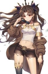 Rule 34 | 1girl, absurdres, asymmetrical legwear, black bow, black shorts, black thighhighs, bow, breasts, brown coat, brown hair, closed mouth, clothes down, coat, collarbone, cowboy shot, diadem, earrings, unworn eyewear, fate/grand order, fate (series), floating hair, hair bow, halterneck, highres, holding, holding removed eyewear, ishtar (fate), jewelry, long hair, looking at viewer, medium breasts, midriff, navel, off-shoulder shirt, off shoulder, open clothes, open coat, red eyes, shirt, short shorts, shorts, simple background, single thighhigh, solo, standing, stomach, sunglasses, sunglasses removed, thighhighs, torn clothes, torn shorts, twintails, uneven legwear, uuruung, very long hair, white background, white shirt