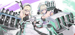 Rule 34 | 2girls, absurdres, adapted turret, bare shoulders, beret, black gloves, blonde hair, blue eyes, blush, breasts, cannon, cowboy shot, dress, gegeron, gloves, gradient hair, hair between eyes, hat, highres, jean bart (kancolle), kantai collection, large breasts, long hair, looking at viewer, machinery, mole, mole under eye, multicolored hair, multiple girls, pale skin, richelieu (kancolle), rigging, scarf, short hair, strapless, strapless dress, turret, white headwear