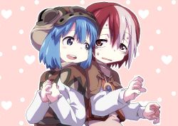 Rule 34 | 2girls, bags under eyes, blue eyes, blue hair, capelet, female focus, hat, heart, heart background, made in abyss, multicolored hair, multiple girls, open mouth, outline, own hands together, pakkoyan, pink background, purple eyes, red hair, shoulder-to-shoulder, upper body, vueko, white hair, white outline, ximu shilang, yuri