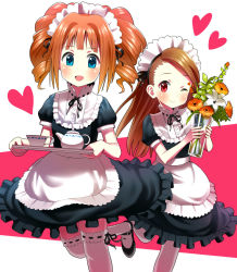 Rule 34 | 2girls, bad id, bad pixiv id, blue eyes, blush, brown hair, cup, flower, forehead, heart, idolmaster, idolmaster (classic), long hair, maid, maid headdress, mary janes, minase iori, multiple girls, one eye closed, open mouth, orange hair, puffy sleeves, red eyes, shoes, short hair, short sleeves, smile, sonsoso, takatsuki yayoi, teacup, teapot, thighhighs, tray, twintails, wink