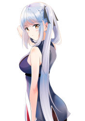Rule 34 | 1girl, absurdres, azur lane, black ribbon, blouse, blue shirt, blush, braid, breasts, brown eyes, essex (azur lane), from side, hair ribbon, highres, long hair, looking at viewer, medium breasts, nonbire, ribbon, shirt, side ponytail, silver hair, simple background, sleeveless, sleeveless shirt, solo, twintails, very long hair, white background