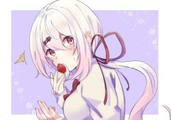 Rule 34 | 1girl, ^^^, blush, bow, breasts, cardigan, eating, food, gradient hair, hair between eyes, hair ornament, hair ribbon, hairclip, holding, holding food, long sleeves, looking at viewer, looking to the side, low ponytail, medium breasts, multicolored hair, nijisanji, pink hair, ponytail, purple background, red bow, red eyes, red ribbon, ribbon, shiina yuika, shiina yuika (1st costume), sleeves past wrists, solo, sweat, tsumetsume zerii, two-tone background, upper body, virtual youtuber, white background, white cardigan, white hair