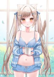 Rule 34 | 1girl, animal ears, bare shoulders, blue bra, blue cardigan, blue ribbon, blurry, blurry background, blush, bra, breasts, brown eyes, bush, cardigan, cat ears, cat girl, cleavage, collarbone, cowboy shot, cup, fog, hair ornament, hair ribbon, hairclip, hamico, highres, holding, holding cup, indoors, light brown hair, long sleeves, loungewear, mug, navel, open cardigan, open clothes, open mouth, original, ribbon, short shorts, shorts, small breasts, solo, standing, swept bangs, twintails, underwear, window