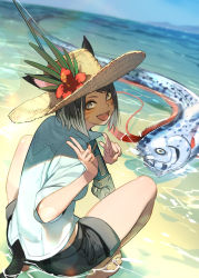 Rule 34 | 1girl, absurdres, animal ears, barefoot, beach, black eyes, black hair, cat ears, cat tail, commission, day, double v, ears through headwear, facial mark, final fantasy, final fantasy xiv, fish, fishing, fishing rod, from behind, hat, hide (hideout), highres, horizon, looking at viewer, looking back, miqo&#039;te, oarfish, ocean, open mouth, outdoors, shirt, short hair, shorts, skeb commission, sleeves rolled up, solo, squatting, straw hat, swept bangs, tail, v, warrior of light (ff14), water, whisker markings
