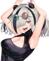 Rule 34 | 1girl, absurdres, animal ears, arknights, armpits, bare shoulders, breasts, cleavage, cleavage cutout, clothing cutout, eyewear on head, fang, feater (arknights), hair over one eye, hands up, highres, looking at viewer, multicolored hair, open mouth, panda ears, panda girl, puranetto (vjun4748), red eyes, round eyewear, simple background, skin fang, smile, striped hair, two-tone hair, two side up, upper body, white background