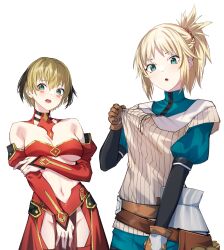 Rule 34 | 2girls, absurdres, armor, bandeau, bare shoulders, belt, black hair, blonde hair, blush, blush stickers, braid, breasts, brown belt, brown gloves, cleavage, clothes tug, commentary, commission, cosplay, costume switch, cowboy shot, detached collar, detached sleeves, english commentary, fate/grand order, fate (series), faulds, french braid, gareth (fate), gareth (fate) (cosplay), gloves, gold trim, green eyes, green shirt, green shorts, grey shirt, groin, hair between eyes, hair flaps, hair ornament, hair scrunchie, hand on own arm, highres, loincloth, long sleeves, looking at viewer, medium breasts, mordred (fate), mordred (fate/apocrypha), mordred (fate/apocrypha) (cosplay), multicolored hair, multiple girls, navel, okamired, open mouth, pelvic curtain, puffy short sleeves, puffy sleeves, red bandeau, red scrunchie, red skirt, red sleeves, ribbed shirt, scrunchie, second-party source, shirt, short hair, short sleeves, shorts, siblings, sidelocks, simple background, sisters, skirt, streaked hair, transparent background, turtleneck shirt, underboob