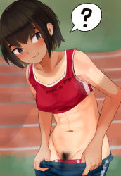 Rule 34 | 1girl, abs, black hair, blue shorts, blush, bob cut, camonome, clothes pull, collarbone, female focus, female pubic hair, highres, navel, original, outdoors, pubic hair, pulled by self, running track, shorts, shorts pull, smile, solo, sports bikini, sports bra, sportswear, tan, tanline, tomboy, toned