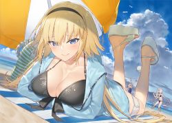 Rule 34 | 3girls, ahoge, arms up, ball, bare arms, bare shoulders, beach, beach umbrella, beachball, bikini, black bikini, black hairband, blonde hair, blue eyes, blue jacket, blue one-piece swimsuit, blue sky, blush, breasts, cleavage, closed mouth, cloud, cloudy sky, commentary request, day, dutch angle, fate/grand order, fate (series), hair between eyes, hairband, hayashi kewi, horizon, jacket, jeanne d&#039;arc alter (swimsuit berserker) (fate), jeanne d&#039;arc (fate), jeanne d&#039;arc (ruler) (fate), jeanne d&#039;arc (swimsuit archer) (fate), jeanne d&#039;arc (swimsuit archer) (first ascension) (fate), jeanne d&#039;arc alter (fate), jeanne d&#039;arc alter (swimsuit berserker) (fate), jeanne d&#039;arc alter santa lily (fate), large breasts, long hair, long sleeves, lying, multiple girls, ocean, on stomach, one-piece swimsuit, open clothes, open jacket, outdoors, platform footwear, sand, sandals, silver hair, sky, smile, standing, swimsuit, umbrella, very long hair, water, white footwear