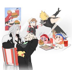 Rule 34 | absurdres, animal, animal on lap, armor, bandana, bandana waddle dee, black coat, black footwear, black gloves, blonde hair, blue bandana, blue eyes, blue headwear, boots, bracer, brown hair, burger, cloud strife, coat, creatures (company), crossed legs, crossover, ddb 000, eating, elbow gloves, facial hair, fast food, final fantasy, final fantasy vii, fingerless gloves, food, french fries, game freak, gen 2 pokemon, gloves, grabbing, green eyes, happy, highres, holding, holding food, holding toy, holding wallet, jacket, jewelry, king dedede, kingdom hearts, kingdom hearts iii, kirby, kirby (series), long hair, looking through window, mario, mario (series), mcdonald&#039;s, messy hair, multiple boys, multiple crossover, mustache, necklace, nintendo, on lap, open clothes, open coat, overalls, pauldrons, pichu, pokemon, pokemon (creature), red headwear, red shirt, sephiroth, shirt, short hair, short sleeves, shoulder armor, single pauldron, sleeveless, sleeveless turtleneck, sora (kingdom hearts), sparkling eyes, spiked hair, super smash bros., surprised, sweater, thigh boots, toy, turtleneck, turtleneck sweater, waddle dee, wallet, white gloves, wide-eyed