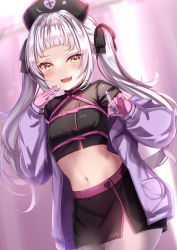 Rule 34 | 1girl, :d, black hat, black ribbon, black shirt, black skirt, blonde hair, blouse, blush, chest harness, crop top, gloves, grey hair, hair ribbon, harness, hat, highres, holding, holding syringe, hololive, jacket, long hair, long sleeves, midriff, murasaki shion, navel, nurse cap, off shoulder, open clothes, open jacket, open mouth, pantyhose, pink gloves, purple jacket, ribbon, shirt, short sleeves, skirt, smile, solo, syringe, twintails, virtual youtuber, yuano