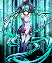 Rule 34 | 1girl, aqua eyes, aqua hair, armpits, arms up, text background, bad id, bad pixiv id, belt, blush, breasts, bridal gauntlets, center opening, character name, hachimitsu candy, hatsune miku, hatsune miku (append), headphones, highres, long hair, navel, necktie, solo, thighhighs, twintails, very long hair, vocaloid, vocaloid append, wall of text
