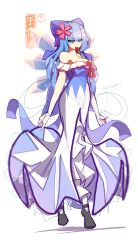 Rule 34 | 1girl, alternate costume, alternate hair length, alternate hairstyle, bare shoulders, black footwear, blue bow, blue dress, blue eyes, blue hair, blush, bow, breasts, character name, cirno, cleavage, collarbone, dress, flower, food, hair bow, hair flower, hair ornament, highres, kaliningradg, large breasts, long dress, long hair, aged up, popsicle, red bow, solo, strapless, strapless dress, touhou, two-tone dress, white dress