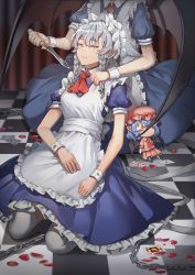 Rule 34 | 2girls, apron, artist request, ascot, bat wings, blue dress, braid, breasts, chain, character doll, checkered floor, closed eyes, commentary request, dress, frilled apron, frills, hair between eyes, head out of frame, highres, holding, holding knife, holding weapon, indoors, izayoi sakuya, knife, maid, maid apron, maid headdress, medium breasts, multiple girls, petals, petticoat, puffy short sleeves, puffy sleeves, red ascot, remilia scarlet, reverse grip, rose petals, seiza, short hair, short sleeves, silver hair, sitting, third-party source, touhou, twin braids, weapon, white apron, white legwear, wings, wrist cuffs