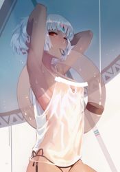 Rule 34 | 10s, 1girl, altera (fate), areola slip, arm up, armpits, arms up, beach umbrella, bikini, bikini bottom only, breasts, censored nipples, convenient censoring, dark-skinned female, dark skin, fate/extella, fate/extra, fate (series), hair tie, highres, innertube, looking at viewer, mouth hold, out-of-frame censoring, red eyes, reroi, see-through, short ponytail, side-tie bikini bottom, silver hair, small breasts, solo, sweat, swim ring, swimsuit, tank top, tying hair, umbrella