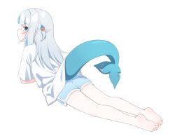 Rule 34 | 1girl, absurdres, alternate costume, arm support, barefoot, blue eyes, casual, dolphin shorts, fins, fish tail, from behind, gawr gura, hair ornament, highres, hololive, hololive english, looking at viewer, looking back, multicolored hair, plantar flexion, profile, shark girl, shark hair ornament, shark tail, shirt, shorts, sidelocks, soles, solo, streaked hair, t-shirt, tail, ugaaaa1, virtual youtuber, white background, white hair, white shirt