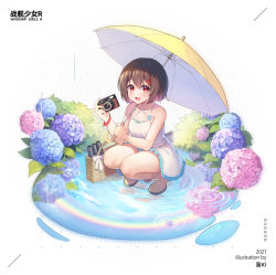Rule 34 | 1girl, :d, bag, bare arms, bare shoulders, blue flower, breasts, brown hair, camera, character request, collarbone, dress, flower, full body, hair between eyes, hair ornament, hairclip, hasu (velicia), highres, holding, holding camera, holding umbrella, hydrangea, looking at viewer, official art, open mouth, pink flower, puddle, rain, red eyes, reflection, ripples, short hair, sleeveless, sleeveless dress, small breasts, smile, solo, torpedo, umbrella, warship girls r, water, white background, white dress, yellow umbrella
