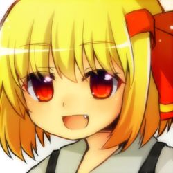 Rule 34 | 1girl, :d, bad id, bad pixiv id, blonde hair, fang, hair ribbon, lowres, open mouth, red eyes, ribbon, ruhika, rumia, short hair, simple background, smile, solo, touhou