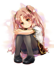 Rule 34 | 10s, 1girl, ano natsu de matteru, blush, brown eyes, child, crossed arms, full body, hair ornament, knees together feet apart, loafers, long hair, looking at viewer, nose blush, pantyhose, pink hair, pleated skirt, rori chuushin, school uniform, shirt, shoes, simple background, sitting, skirt, smile, solo, thighband pantyhose, twintails, white shirt, yamano remon