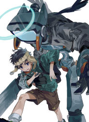 Rule 34 | 1boy, 1other, absurdres, backpack, bag, black bag, black hair, black jacket, blue eyes, brown headwear, brown shorts, canti, clothed robot, feet out of frame, flcl, green shirt, halo, highres, jacket, korean commentary, long sleeves, lower teeth only, nandaba naota, open mouth, robot, seeshin see, shirt, short hair, shorts, simple background, socks, teeth, white background, white socks