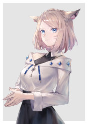 Rule 34 | 1girl, animal ears, warrior of light (ff14), bare shoulders, blonde hair, blue eyes, border, cat ears, cowboy shot, earrings, facial mark, final fantasy, final fantasy xiv, fingers together, highres, jewelry, kobuta, looking at viewer, miqo&#039;te, outside border, parted bangs, short hair, simple background, solo, two-tone background, whisker markings, white border