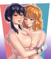 Rule 34 | 2girls, ^ ^, absurdres, asymmetrical docking, black hair, blush, breast envy, breast press, breasts, buglewdy, closed eyes, commission, commissioner upload, fire emblem, fire emblem: genealogy of the holy war, gloves, heads together, highres, hug, lana (fire emblem), larcei (fire emblem), looking at another, looking at breasts, looking at viewer, medium breasts, multiple girls, nintendo, nipples, one eye closed, open mouth, orange hair, pout, short hair, sidelocks, simple background, small breasts, smile, teeth