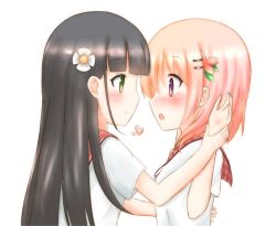 Rule 34 | 2girls, :o, black hair, blouse, blunt bangs, blush, breasts, closed mouth, commentary request, eye contact, flower, from side, gochuumon wa usagi desu ka?, green eyes, hair flower, hair ornament, hand on another&#039;s arm, heart, hoto cocoa, hoto cocoa&#039;s school uniform, long hair, looking at another, multiple girls, open mouth, orange hair, plaid, plaid sailor collar, purple eyes, qutori, red sailor collar, sailor collar, school uniform, serafuku, shirt, short sleeves, sidelocks, simple background, small breasts, smile, ujimatsu chiya, white background, white flower, white shirt, yuri
