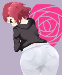 Rule 34 | 10s, 1girl, ass, blush, brown eyes, from behind, girls und panzer, hataage konoe, highres, pants, pantylines, red hair, ribbed sweater, rosehip (girls und panzer), short hair, solo, sweater, turtleneck