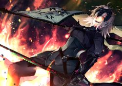 Rule 34 | 1girl, :d, antenna hair, armor, armored dress, banner, black armor, black thighhighs, fate/grand order, fate (series), fire, gauntlets, holding, holding sword, holding weapon, jeanne d&#039;arc (fate), jeanne d&#039;arc alter (avenger) (fate), jeanne d&#039;arc alter (fate), long hair, looking at viewer, open mouth, orange eyes, shimotsuki shio, silver hair, smile, solo, standing, sword, thighhighs, weapon