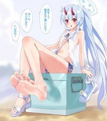 Rule 34 | 1girl, barefoot, bikini, blue archive, blue hair, blush, chise (blue archive), cooler, feet, foot focus, halo, highres, horns, light blue hair, long hair, looking at viewer, parted lips, ponytail, red eyes, sandals, unworn sandals, shoes, unworn shoes, sitting, soles, swimsuit, toes, translated