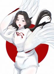 Rule 34 | 1girl, arm up, black hair, blush, circle, cowboy shot, dungeon meshi, fake wings, feather-trimmed sleeves, floating hair, highres, japanese clothes, kariginu, lipstick, long hair, long sleeves, looking at viewer, low ponytail, maizuru, makeup, mole, mole above eye, open mouth, osage gankyou, outstretched arms, pants, parted bangs, ponytail, red lips, sleeves past fingers, sleeves past wrists, solo, tassel, tongue, white background, white pants, wings