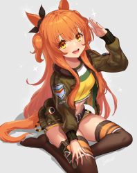 Rule 34 | 1girl, animal ears, black ribbon, brown thighhighs, commentary request, fingernails, green jacket, grey background, hair ribbon, highres, horse ears, horse girl, horse tail, jacket, long hair, long sleeves, looking at viewer, mayano top gun (umamusume), midriff, navel, open mouth, orange hair, ribbon, salute, simple background, sitting, smile, solo, tail, teeth, thighhighs, thighs, two side up, umamusume, upper teeth only, yapo (croquis side), yellow eyes