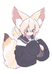 Rule 34 | 1girl, absurdres, animal, animal ears, black jacket, black sailor collar, blonde hair, blush, commentary request, creature and personification, double bun, fennec fox, fox ears, fox girl, fox tail, hair bun, highres, holding, holding animal, jacket, large ears, long sleeves, looking at animal, medium hair, megateru, off shoulder, open clothes, open jacket, original, puffy long sleeves, puffy sleeves, red eyes, sailor collar, school uniform, serafuku, shirt, simple background, sleeves past fingers, sleeves past wrists, tail, upper body, white background, white shirt