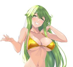 Rule 34 | 1girl, bare arms, bare shoulders, bikini, blush, breasts, chuu (rinet), collarbone, commentary request, fire emblem, fire emblem: shadow dragon and the blade of light, green eyes, green hair, grin, hands up, highres, jewelry, large breasts, long hair, looking at viewer, navel, nintendo, palla (fire emblem), ring, simple background, smile, solo, stomach, swimsuit, tan, upper body, very long hair, white background, yellow bikini