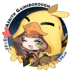 Rule 34 | 1girl, aerith gainsborough, aerith gainsborough (chocobo suit), animal hood, artist name, bird hood, black choker, border, brown hair, cat princess, character name, chibi, chocobo, choker, curly hair, fang, final fantasy, final fantasy vii, final fantasy vii ever crisis, green eyes, halloween costume, hand up, heart, holding, holding staff, hood, hood up, looking at viewer, official alternate costume, one eye closed, parted bangs, sidelocks, solo, staff, white border